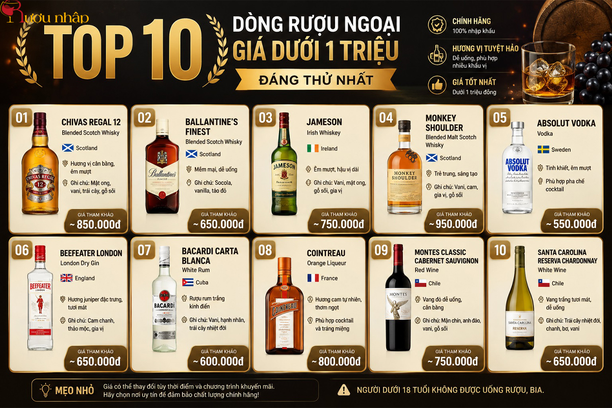 Top 10 chai rượu ngoại dưới 1 triệu đáng để thưởng thức