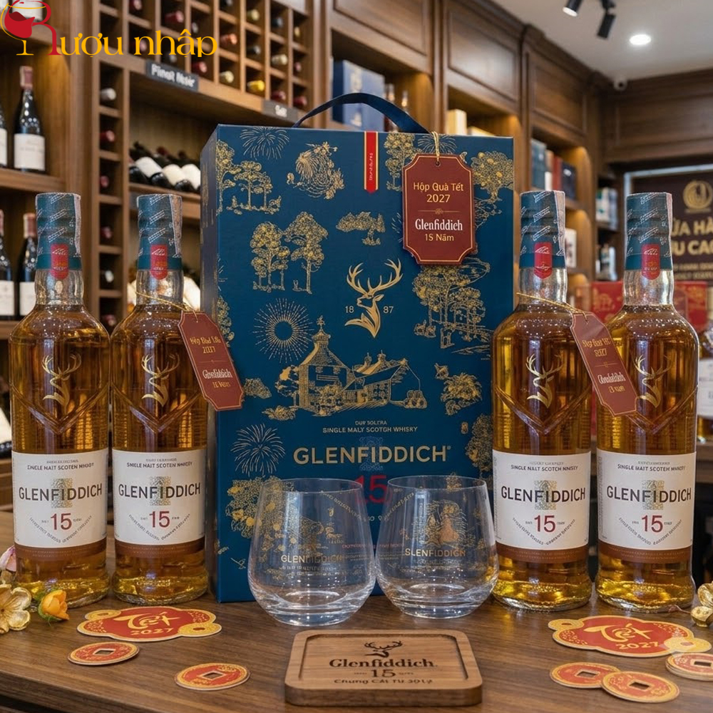 Glenfiddich 15 Năm Hộp Quà Tết 2027 – Set Quà Đinh Mùi Sang Trọng Kèm 2 Ly Rock